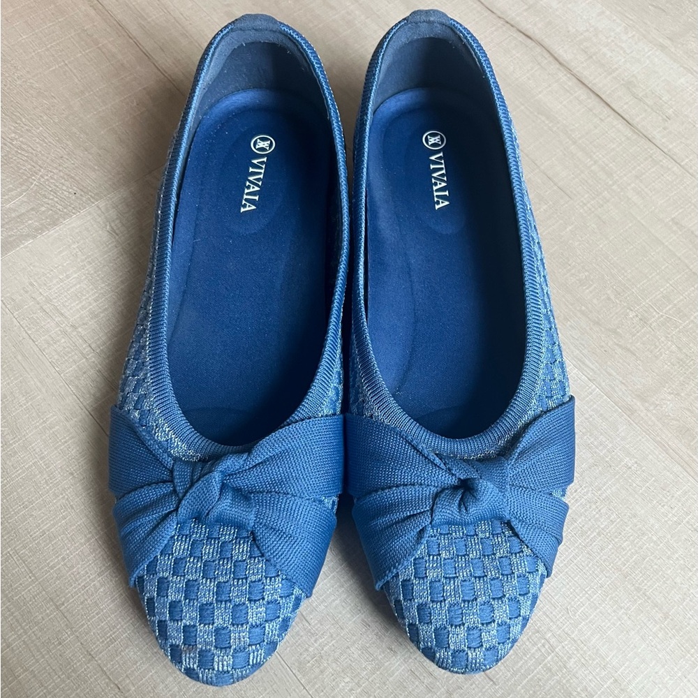Vivaia Bibi Almond-Toe Knotted Flats Woven Denim Sz 41/9.5 Like New